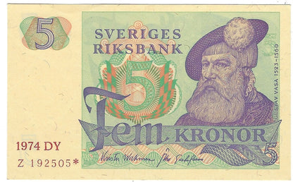 Sweden 5 Kronor 1974 REPLACEMENT STAR Note.Mehilba RA11,51b * aUNC.RS2B