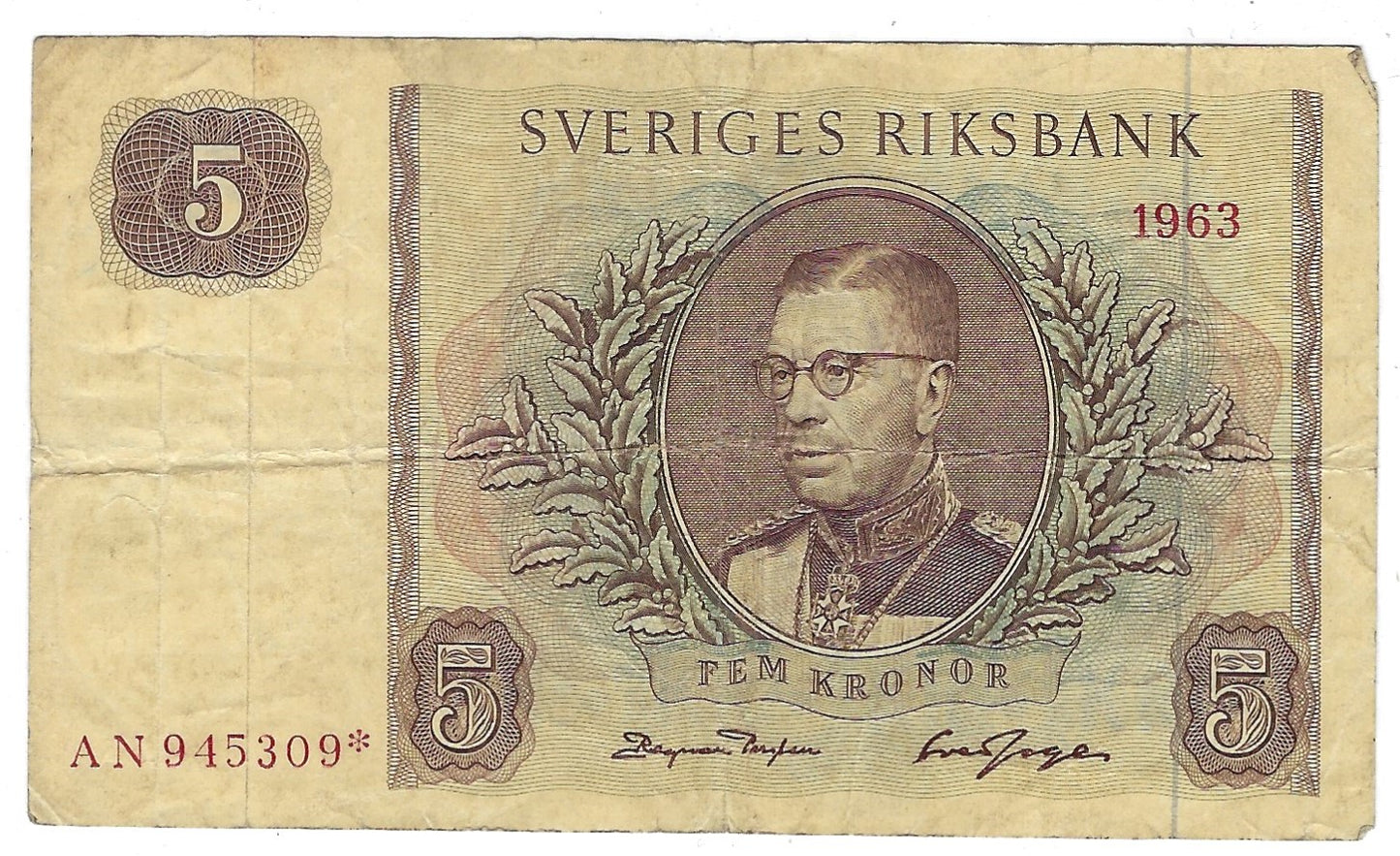 Sweden 5 Kronor 1963 REPLACEMENT STAR Note.Mehilba RA6,50b* VFC.RS2C
