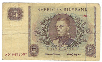 Sweden 5 Kronor 1963 REPLACEMENT STAR Note.Mehilba RA6,50b* VFC.RS2C