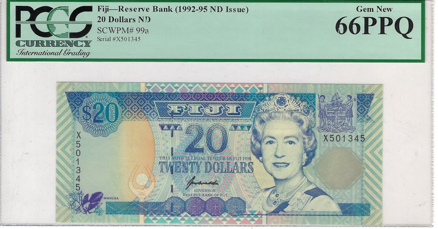 Fiji 20 Dollars ND (1992-95) SCWPM#99a Graded Gem New 66PPQ.F1A