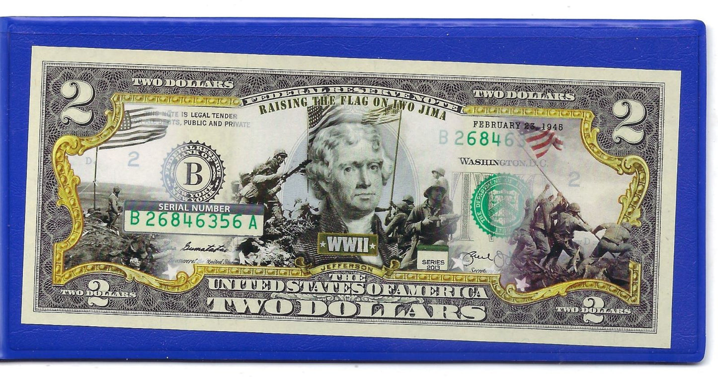 WWII Commemorative Bank Note Genuine Legal Tender U.S. 2 Dollar Bill.ST1A