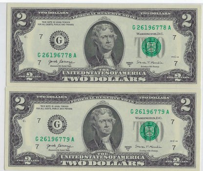 US $2 FRN Chicago 7G Fancy SN 2 Consecutive SN both have Lucky SN 77 UNC.FNB6 
