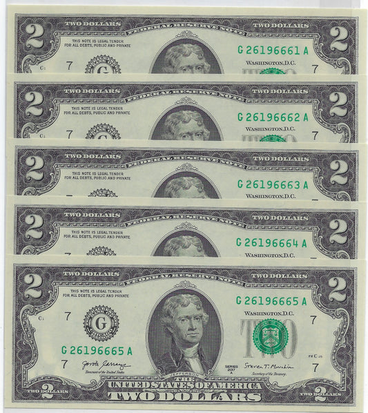 US $2 FRN Chicago 7G Fancy SN 5 Consecutive SN all have Trio 666 UNC.FNB8         