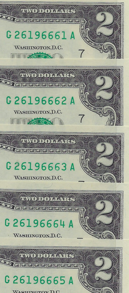 US $2 FRN Chicago 7G Fancy SN 5 Consecutive SN all have Trio 666 UNC.FNB8         