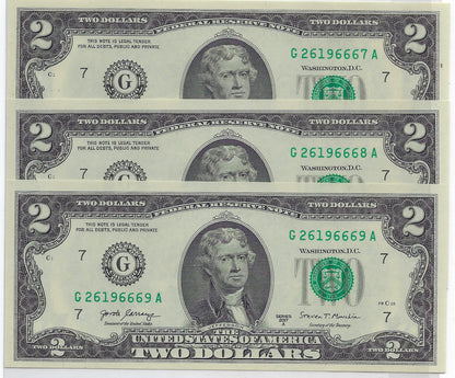 US $2 FRN Chicago 7G Fancy SN 3 Consecutive SN all have Trio 666 UNC.FNB9