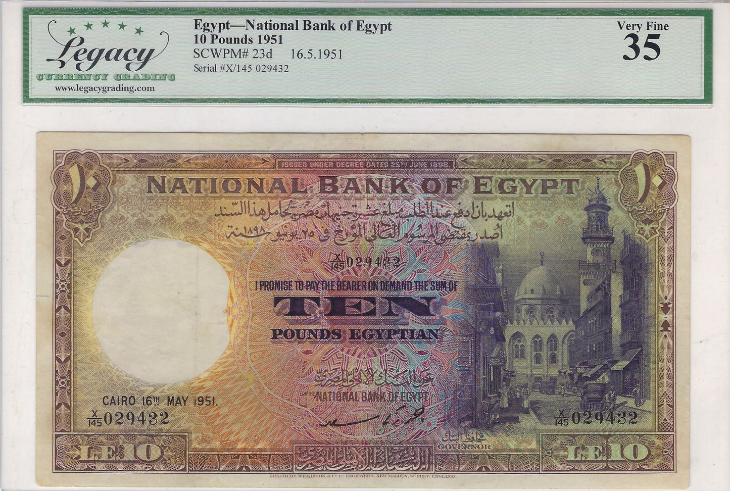 1951 Egypt"Mosque Of Sultan"10 Egyptian Pound Grade Legacy 35 Very Fine.EG2K