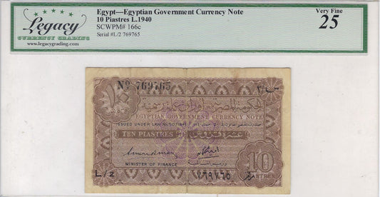 CLEARANCE Egypt 10 Piastres L.1940 166c Legacy Graded 25.EG2Q