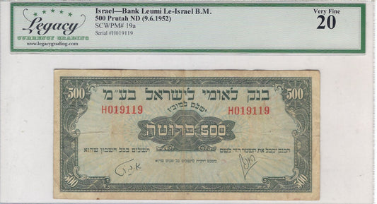 Israel,500 Prutah,1952,VF-,Fancy SN 19 1 19 P19a,Legacy 20PPQ.RIS1