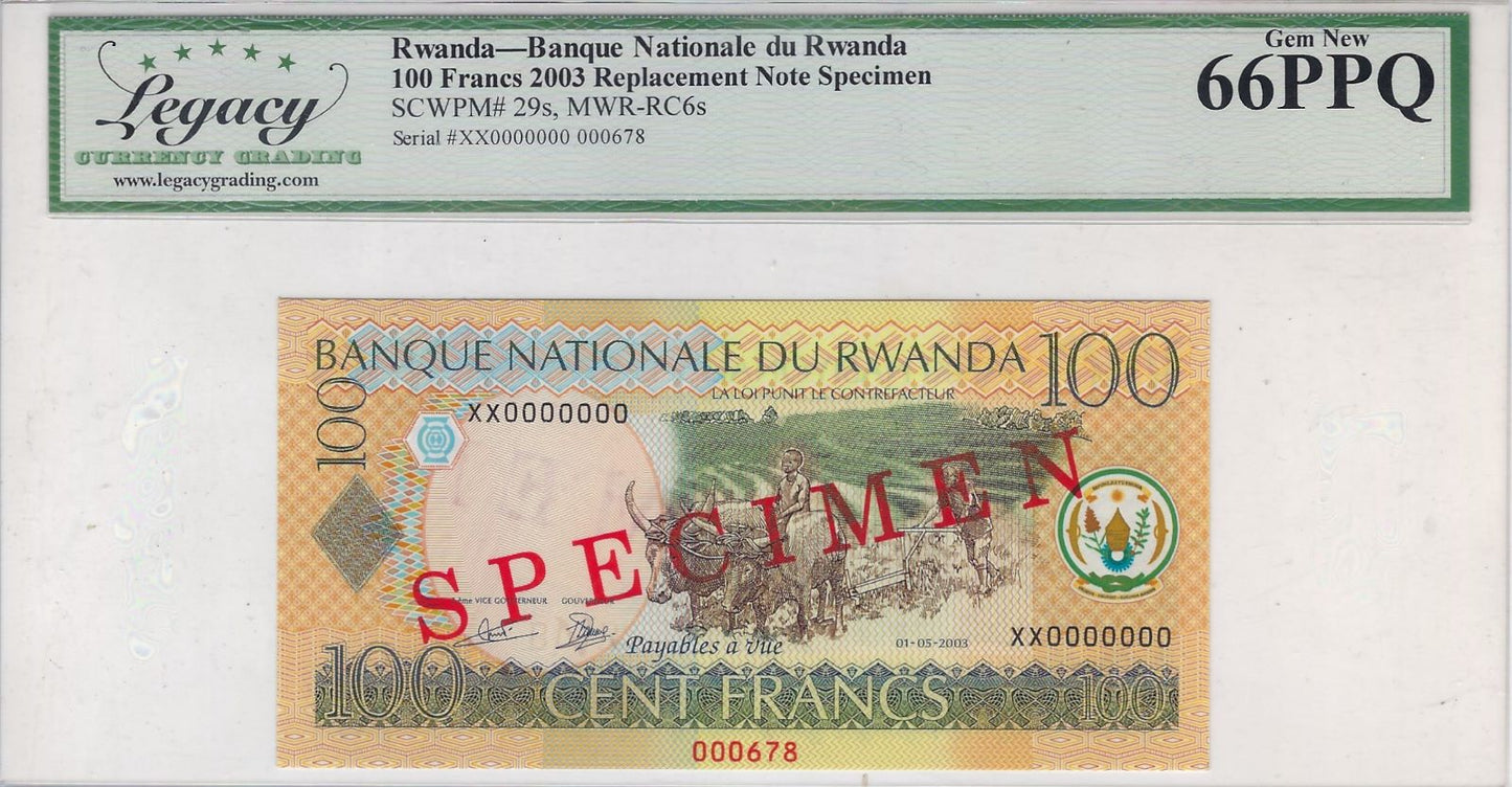 Rwanda 100 Francs 2003 Specimen over Replacement Note*Mehilba RC6s,P29s,Legacy 66PPQ.RRw1