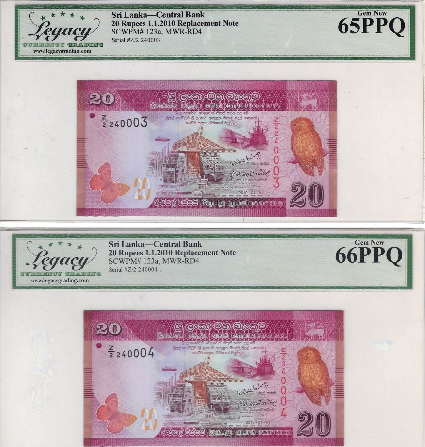 Sri Lanka 20 Rupees 1.1.2010.Replacement Star (Mehilba RD4) P123a x 2 Consecutive,Legacy 65,66PPQ.RSr3