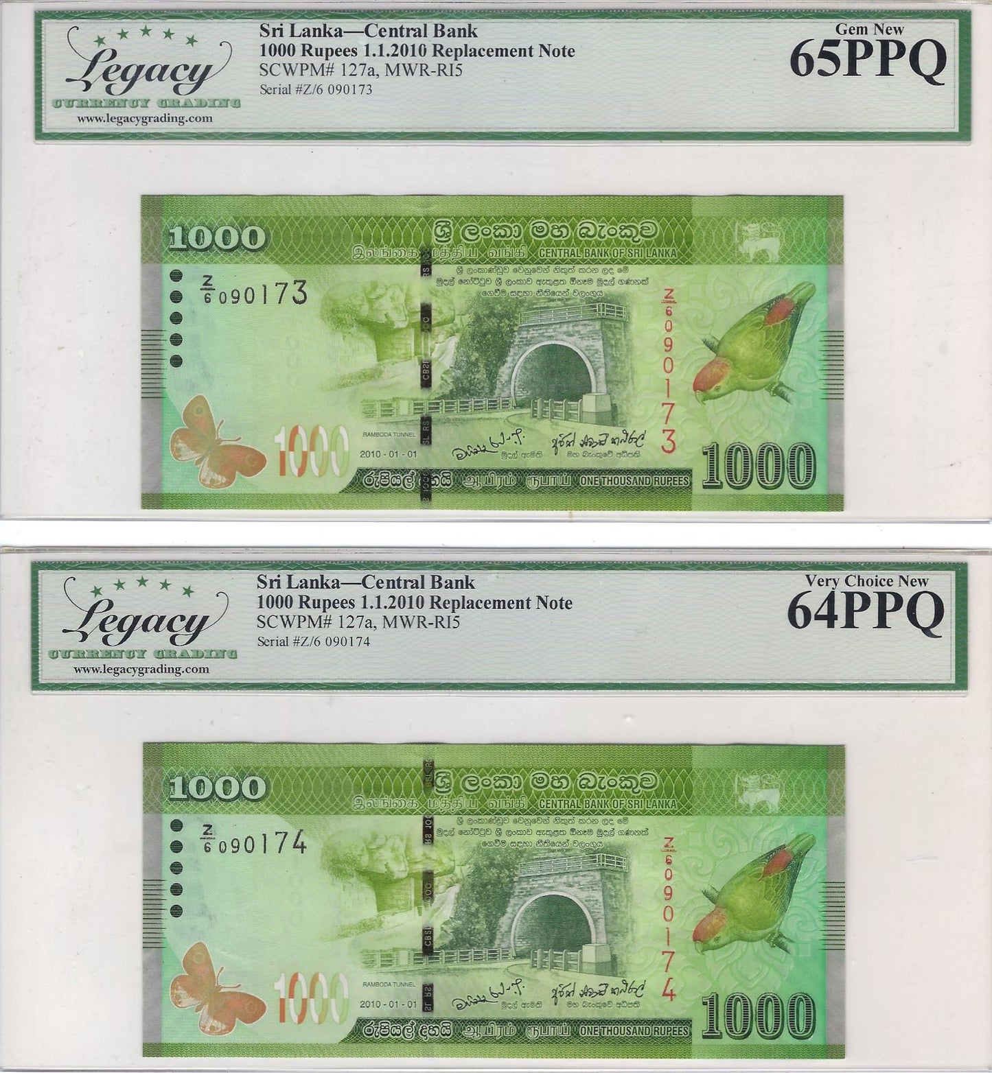Sri Lanka 1000 Rupees 1.1.2010 , Replacement Star (Mehilba RI5) P127a x 2 Consecutive,Legacy 64,65PPQ.RSr4