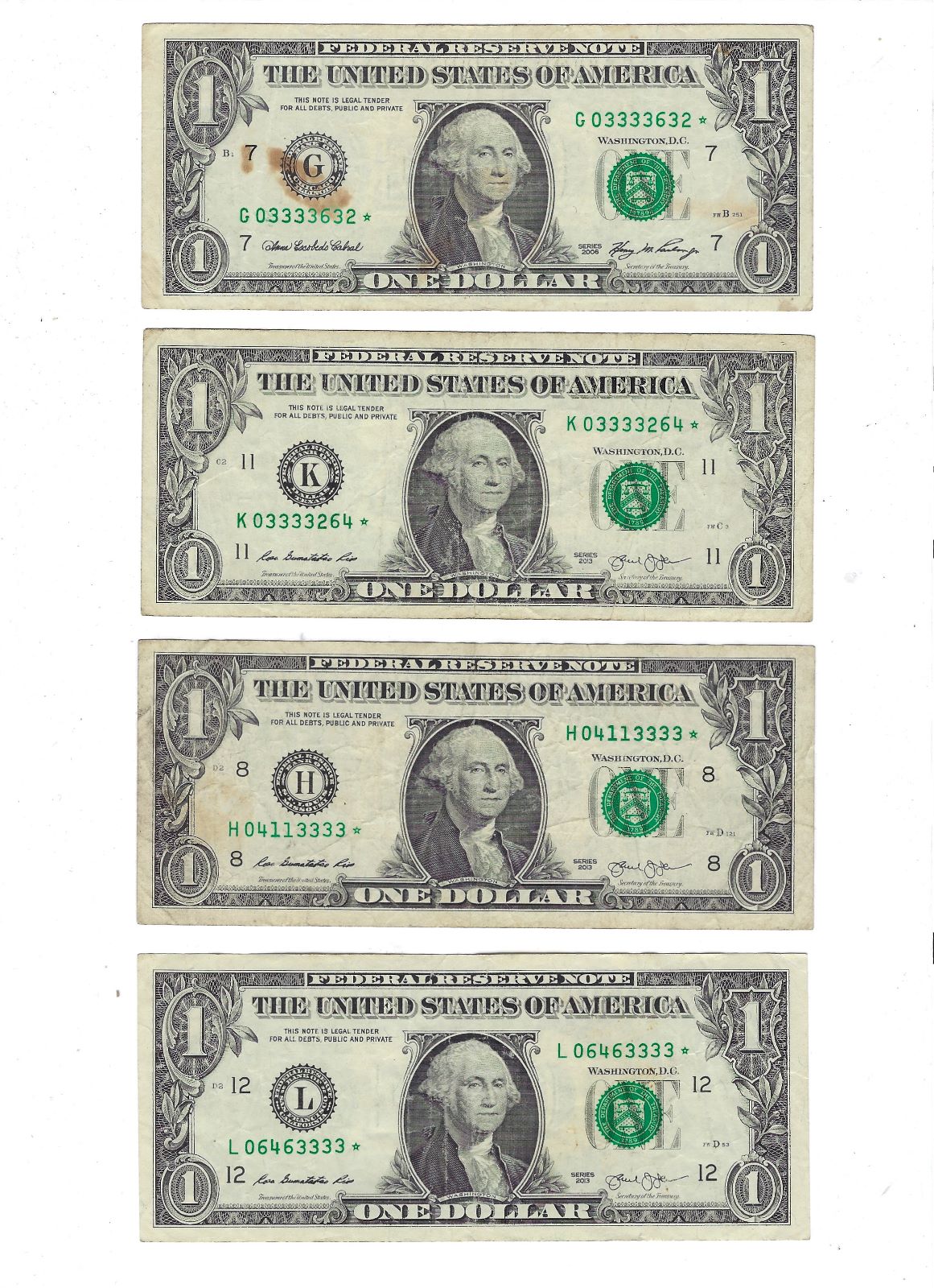 US $1 FRN Fancy SN Number Quad Trial 3333 x 4 Different Districts.F51