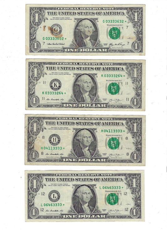 US $1 FRN Fancy SN Number Quad Trial 3333 x 4 Different Districts.F51