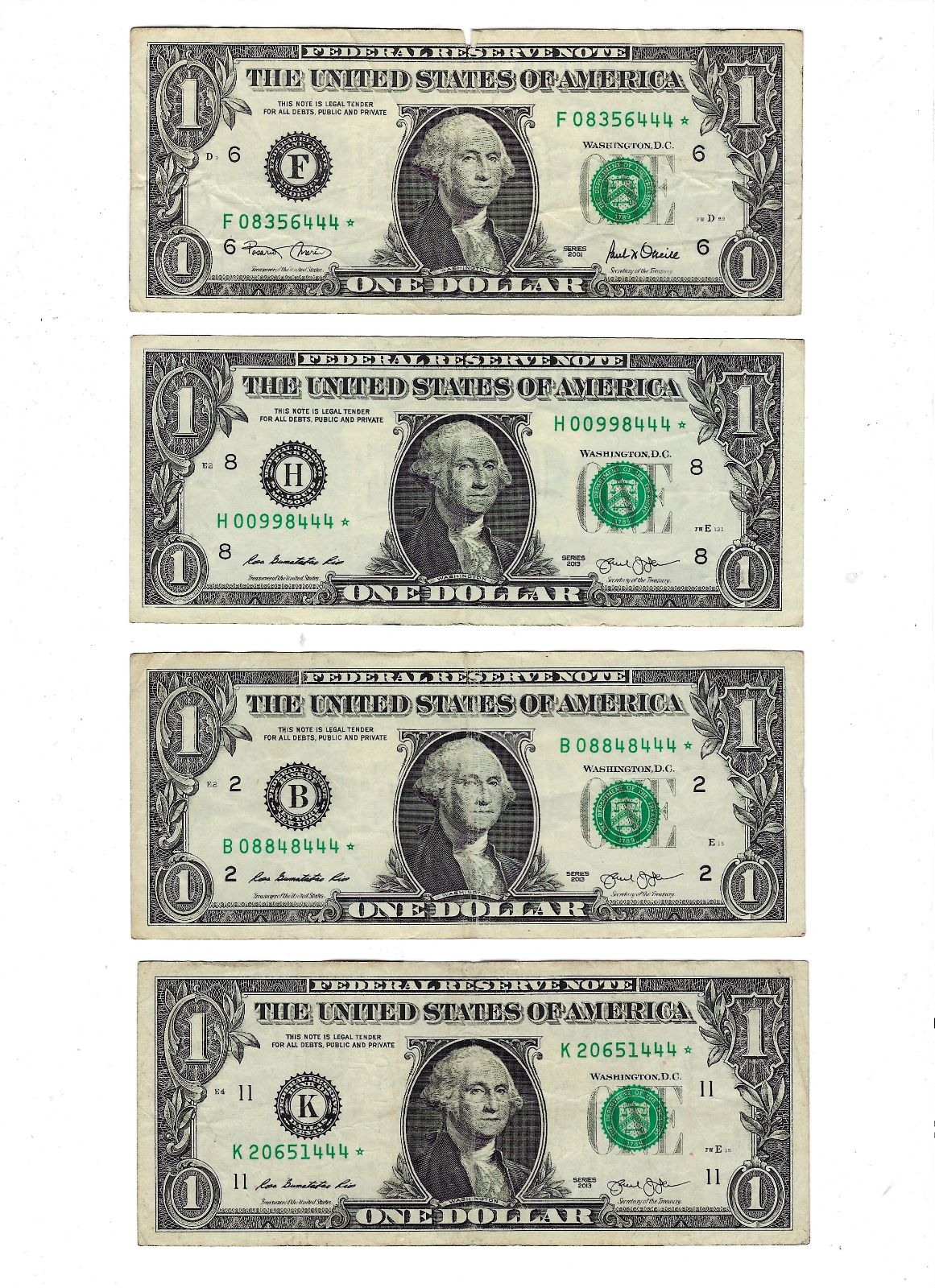 US $1 FRN Fancy Serial Number Ending Trial 444 x4 Different Districts. One Note Has A Tear & One With Lucky 888.F52