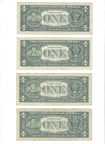US $1 FRN Fancy Serial Number Ending Trial 444 x4 Different Districts. One Note Has A Tear & One With Lucky 888.F52