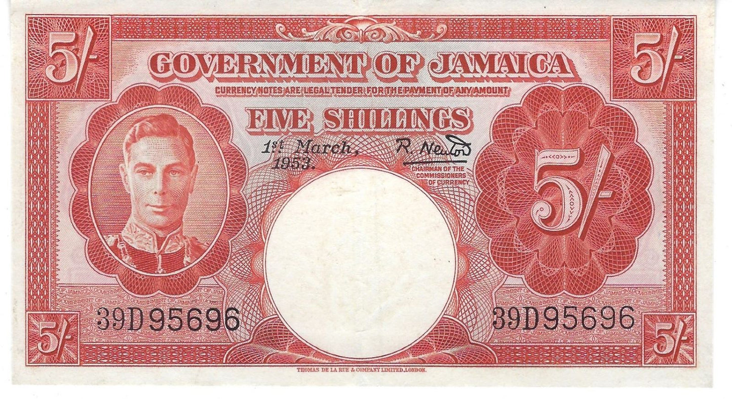 JAMAICA Banknote P37b,1st March 1953,5 Shillings King George VI,VF+,worth$190.JA1b