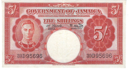 JAMAICA Banknote P37b,1st March 1953,5 Shillings King George VI,VF+,worth$190.JA1b