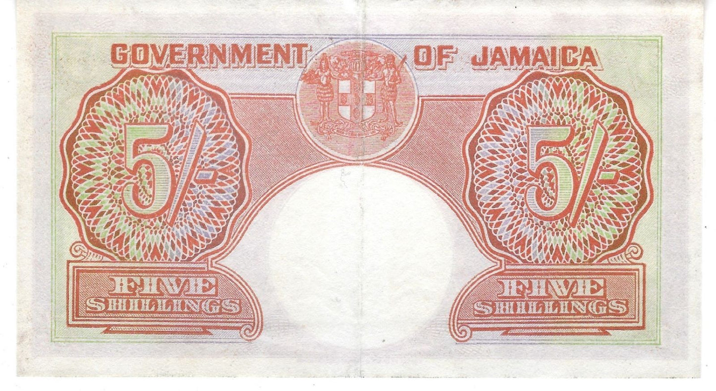 JAMAICA Banknote P37b,1st March 1953,5 Shillings King George VI,VF+,worth$190.JA1b