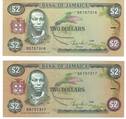 JAMAICA(2 consecutive)BANKNOTE $2 (1.3.1986) including Fancy SN bookends and Lucky 7,7-------7,P 69 B ,worth$45.JA1c