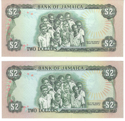 JAMAICA(2 consecutive)BANKNOTE $2 (1.3.1986) including Fancy SN bookends and Lucky 7,7-------7,P 69 B ,worth$45.JA1c
