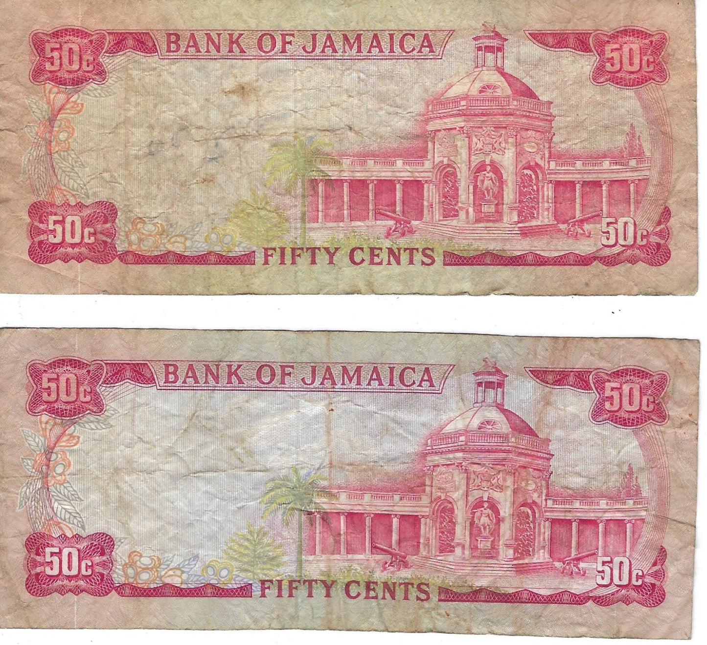 Jamaica 50 Cents L.1960 Pick 53 Fine x 2 different prefixes including Lucky 7.worth$35.JA1E