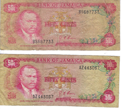 Jamaica 50 Cents L.1960 Pick 53 Fine x 2 different prefixes including Lucky 7.worth$35.JA1E