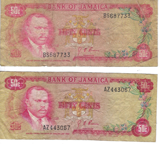 Jamaica 50 Cents L.1960 Pick 53 Fine x 2 different prefixes including Lucky 7.worth$35.JA1E