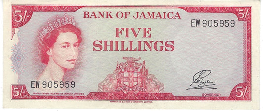 JAMAICA 5 Shilings P 49 queen Elizabeth 1960,Fancy SN bookends 9-------9,worth$175.JA1F