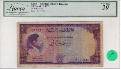 Libya half pound 1952 King Idris ,P.15 Graded 20 VF.worth$395.LY1A