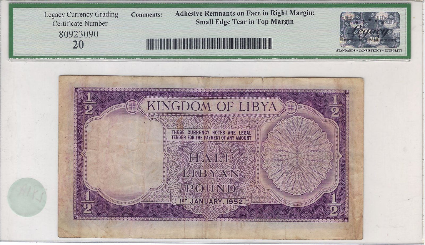 Libya half pound 1952 King Idris ,P.15 Graded 20 VF.worth$395.LY1A