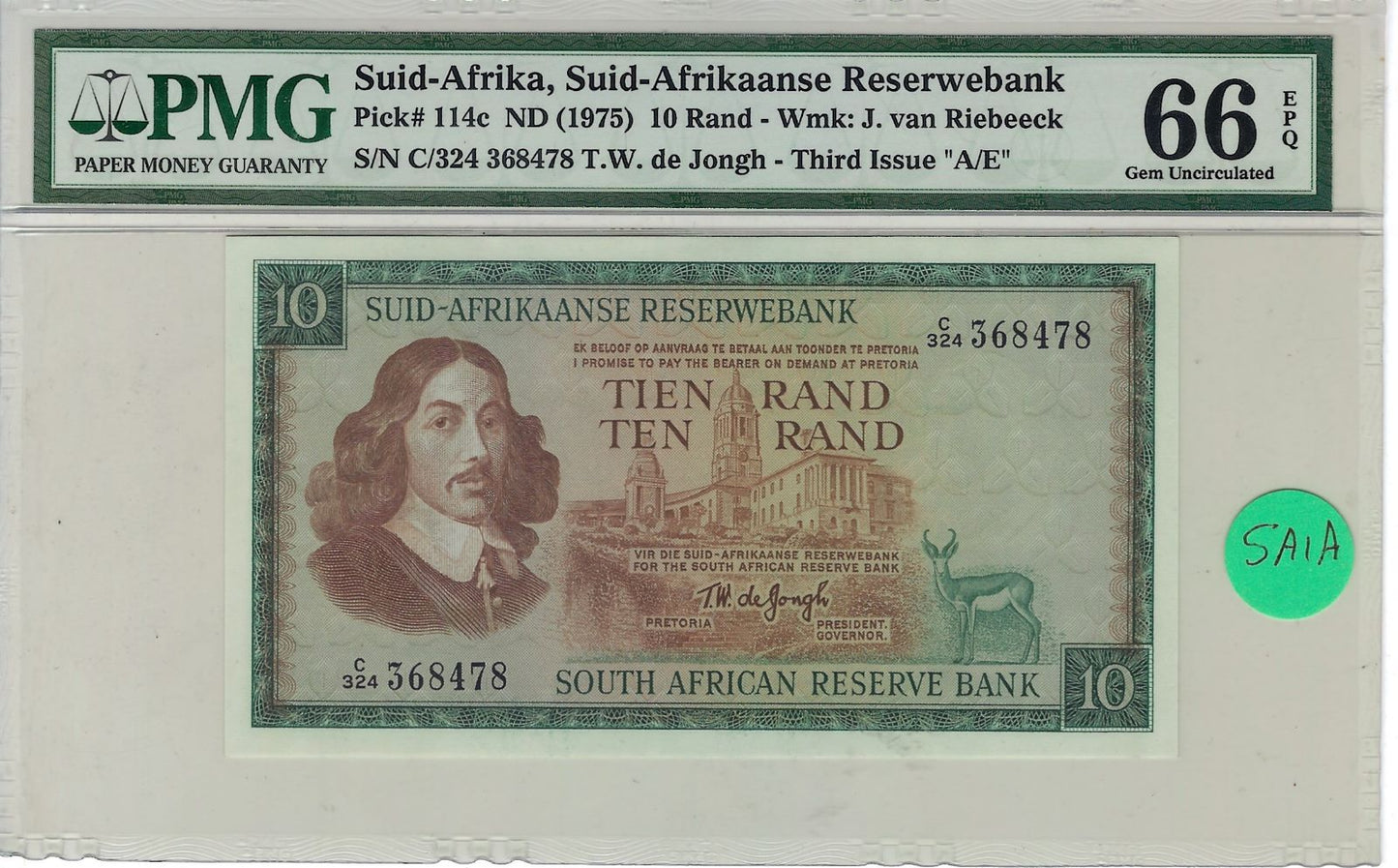 SOUTH AFRICA 10 RAND P114 C 1967 SHIP Graded 66 EPQ Gem UNC. worth$150.SA1A