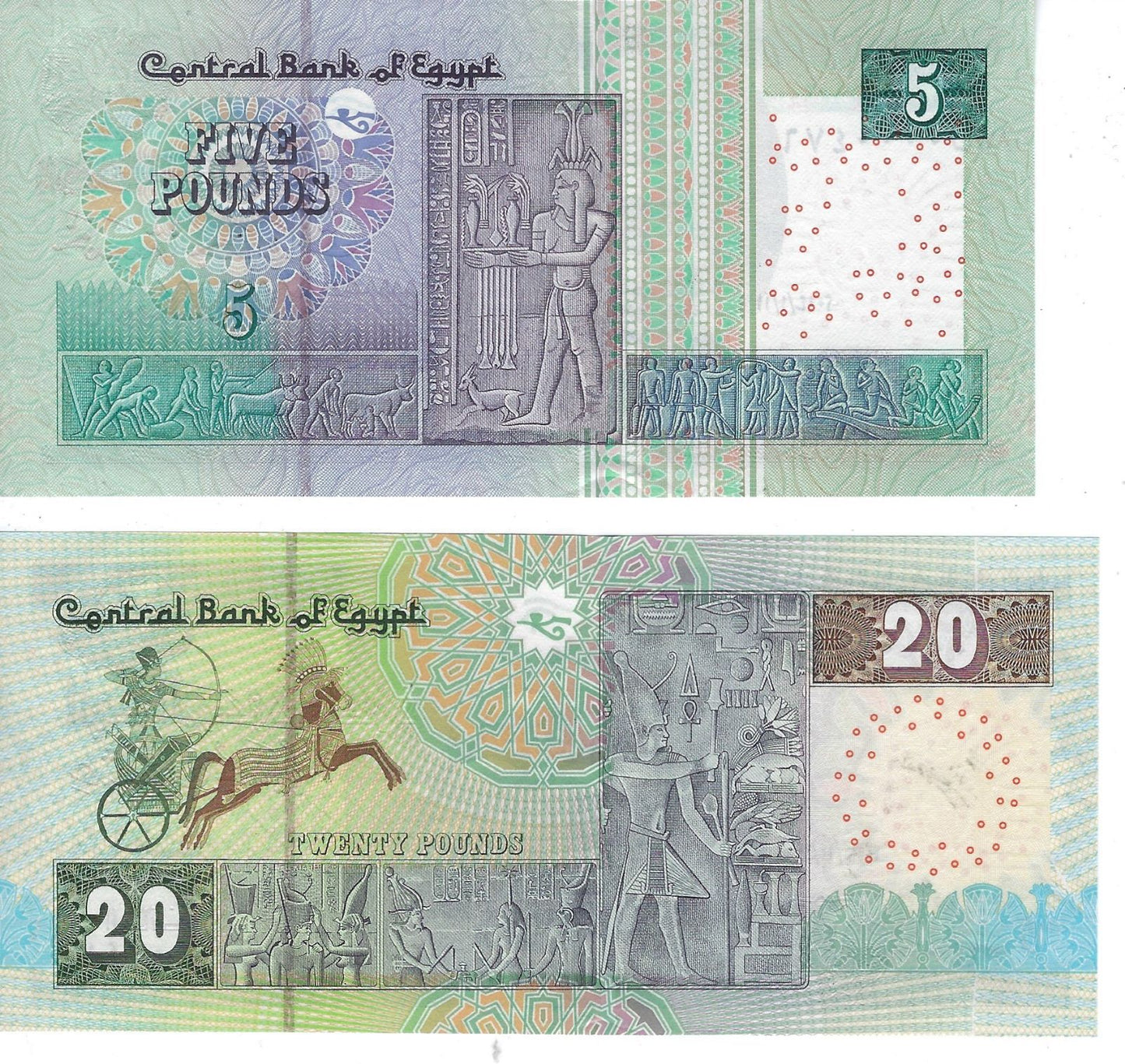 Egypt 5 & 20 pounds 1.11.2004&11.12.2003 Both have same SN 0000476 UNC worth$65.EG1Y