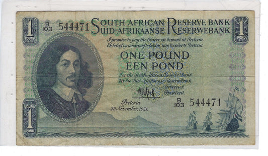 South Africa 1 Pound 1951 P-92 VF, Fancy SN Trio 444.SO2a