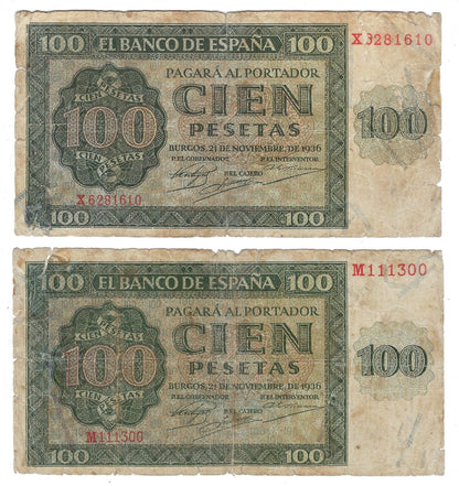 Spain 100 Pesetas 21-11-1936 x 2 notes,G-VG,P.101,including Fancy SN 111300.SP4a