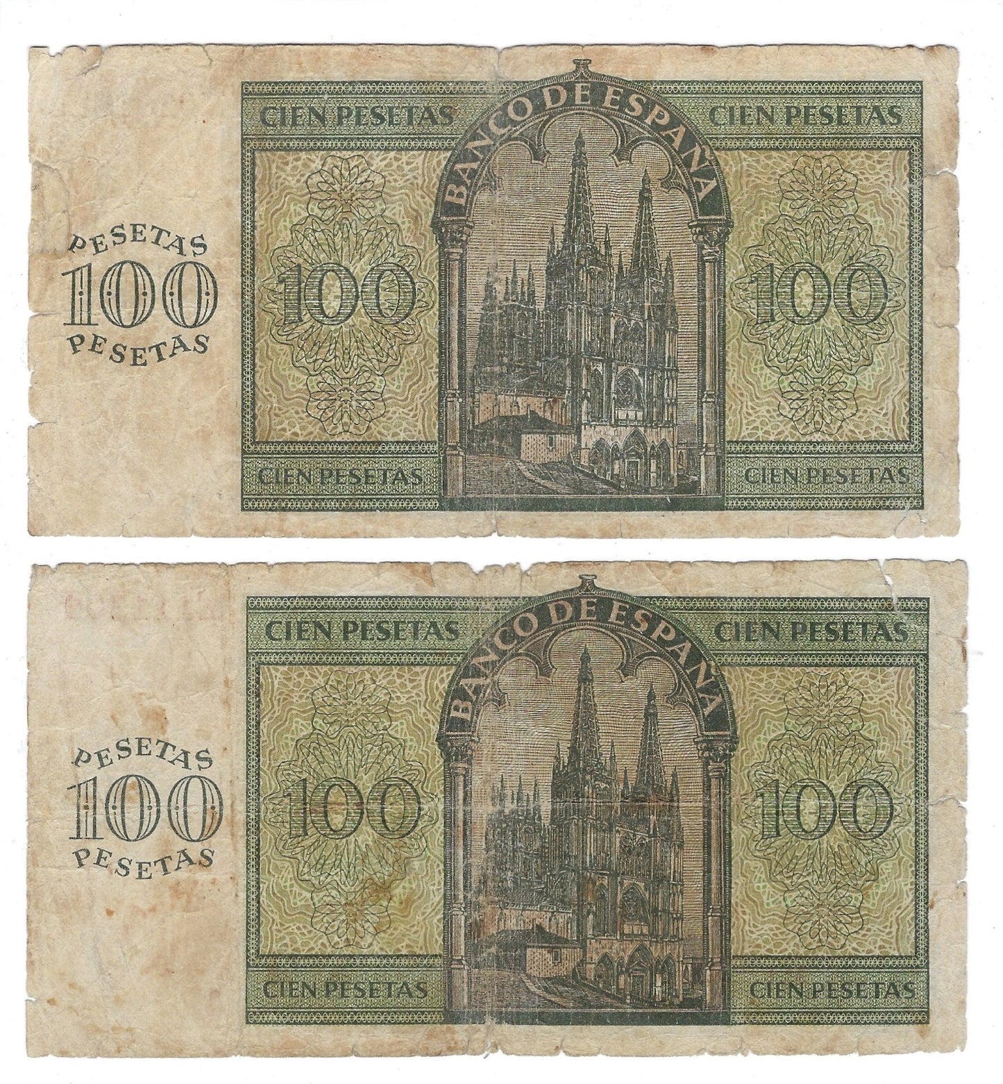 Spain 100 Pesetas 21-11-1936 x 2 notes,G-VG,P.101,including Fancy SN 111300.SP4a