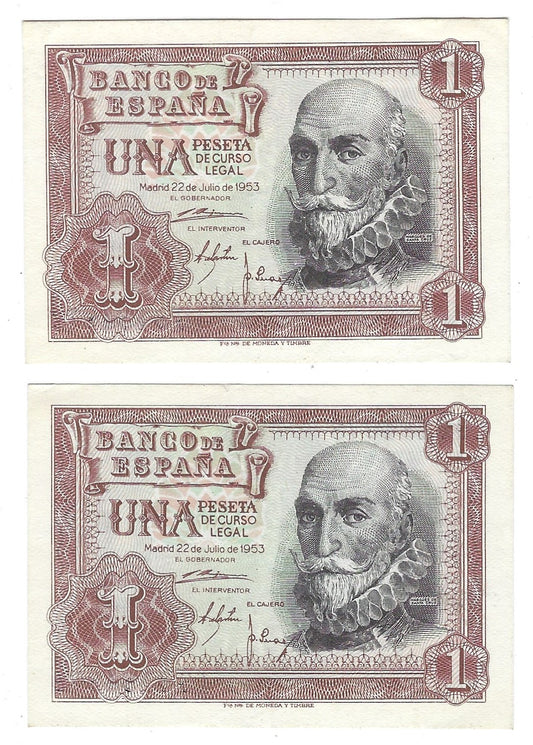 Spain 1Peseta,22-7-1953 P144ax 2 Consecutive SN AU.SP6