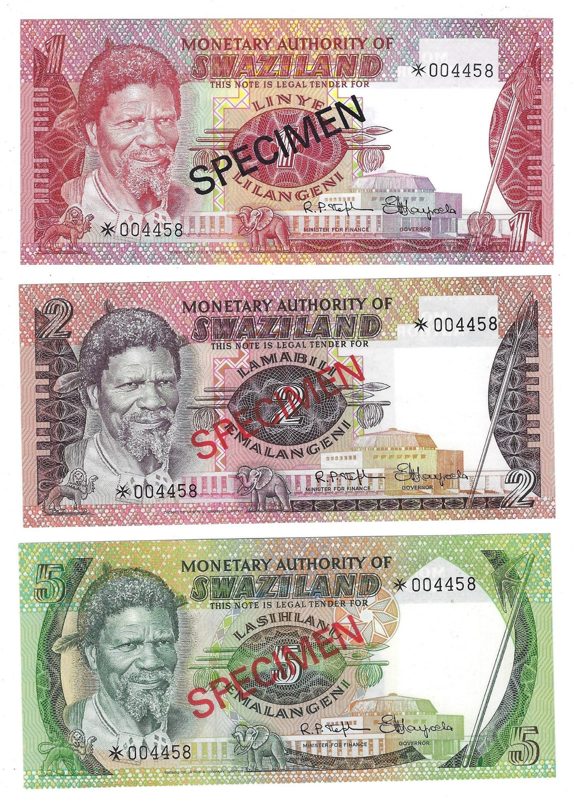 Swaziland 1-20 Emalangeni,1974 P-1-5 CS1 (5 Pcs Full Set) Specimen S/N *004458.SW1a