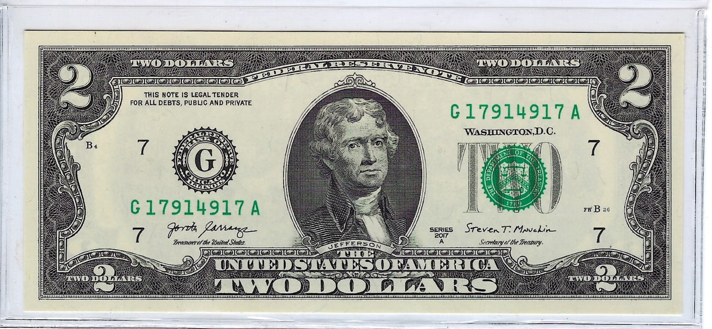 US$2 FRN,7 G Chicago,Fancy Serial N Double Bookend 17 ------17 UNC.FN75