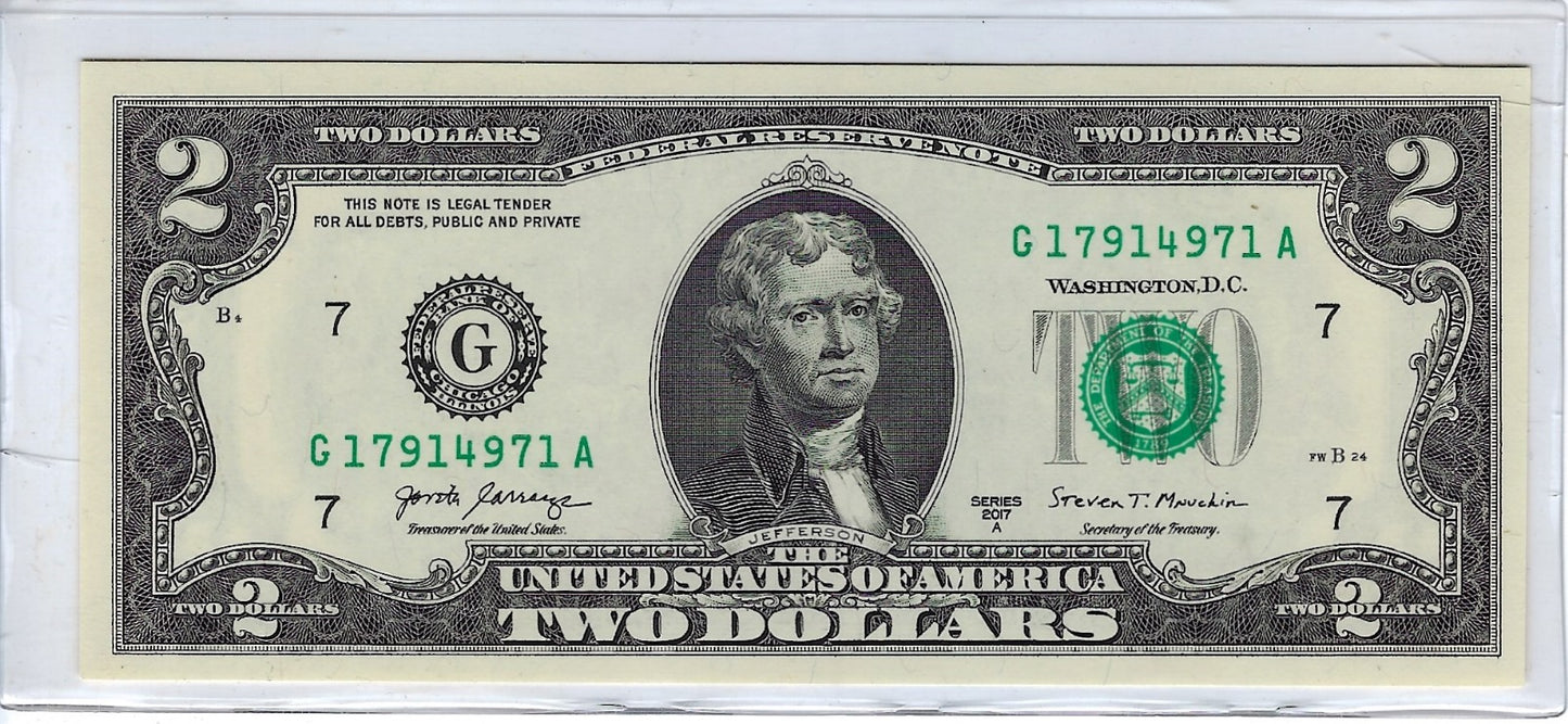 US$2 FRN,7 G Chicago,Fancy Serial N Almost Radar and single Bookend  179 14 971.UNC.FN76