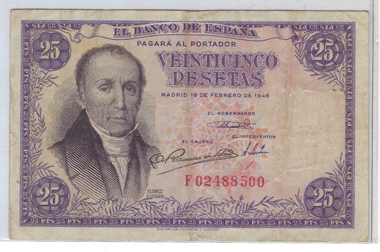 SPAIN-RARE-25 PESETAS 1946-VF Fancy SN lucky 88.SP8