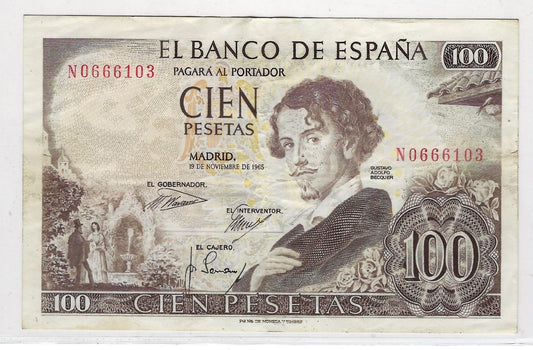 SPAIN-100 PESETAS,19-11-1965 Pick 150,VF Fancy SN lucky Trio 666.SP9