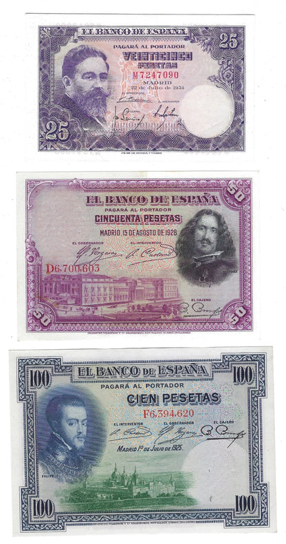 SPAIN- 25,50&100 PESETAS 1925,28,54,high grade.SP10