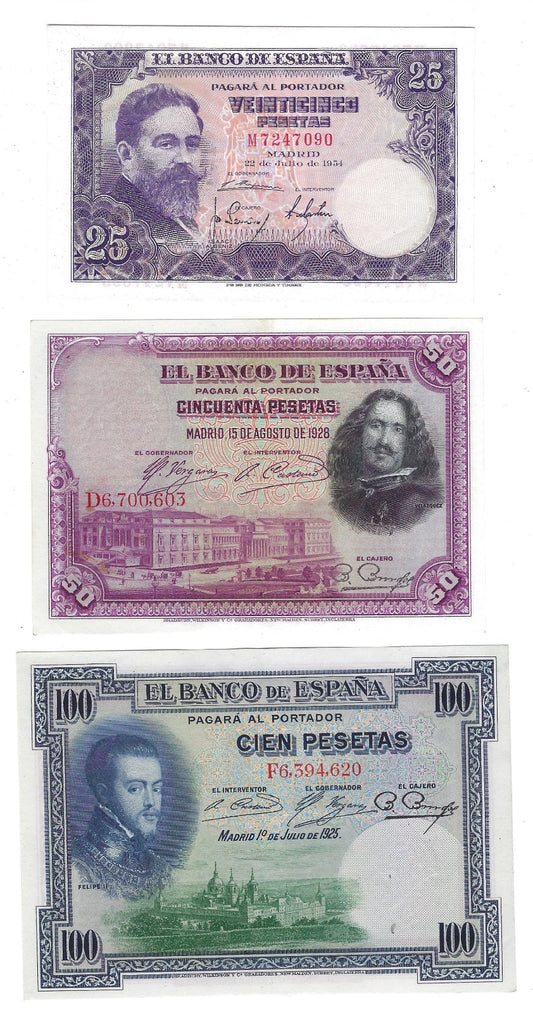 SPAIN- 25,50&100 PESETAS 1925,28,54,high grade.SP10