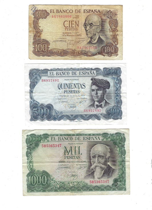 SPAIN-100,500 &1000 PESETAS 1970,71.VF.SP11