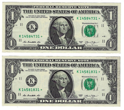 US$1 FRN *STAR* X2 Fancy SN Book end 1------1 & both notes have identical 6 digits High Grade.FN78