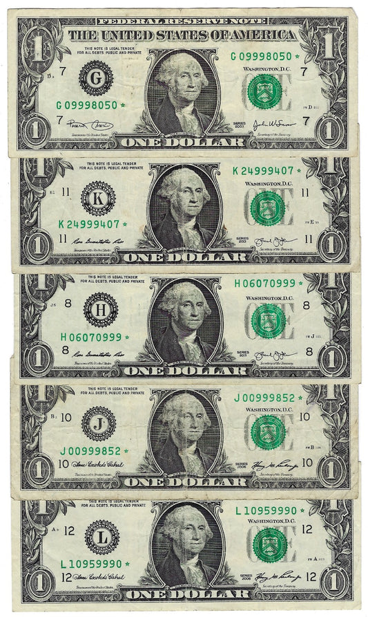 US$1 FRN *Star Note*,Fancy SN Trio 999 x 5 different Districts,VF.FN87
~