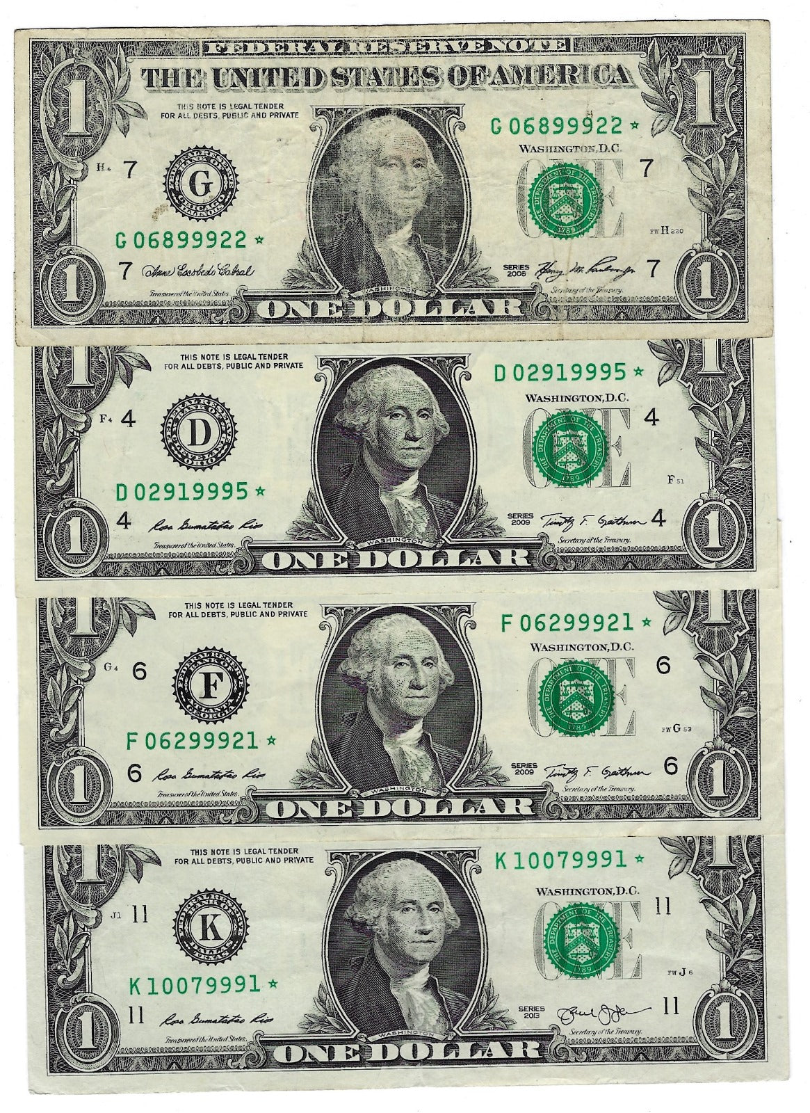 US$1 FRN *Star Note*,Fancy SN Trio 999 x 4 different Districts,VF.FN88
~