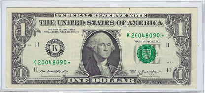 US$1 FRN Fancy Star note*Birthday* 2004 and may read 2004  8 9  Kansas 11K XFine.FNB3