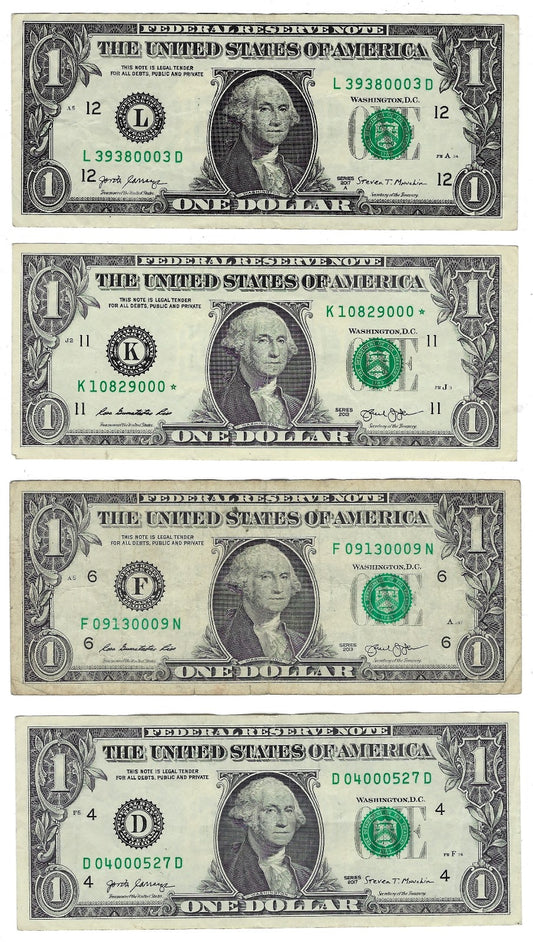 US$1FRN,Fancy SN,Trio 000 x 4different districts average VF.FN111