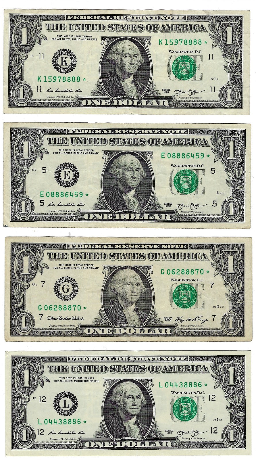 US$1 FRN STAR,Fancy SN,Trio Lucky 888  x4 different districts average VF.
FN113